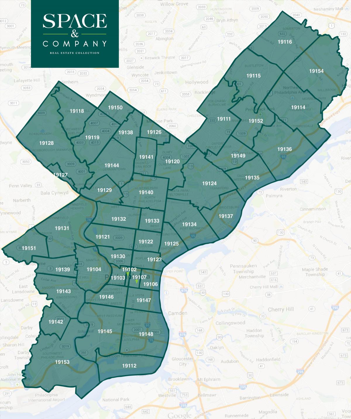карта окрестностей Филадельфии и zip коды